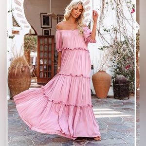 Mauve Off Shoulder Ruffle Tiered maxi dress